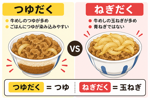 つゆだくとねぎだくの違いをつゆと玉ねぎで比較した図