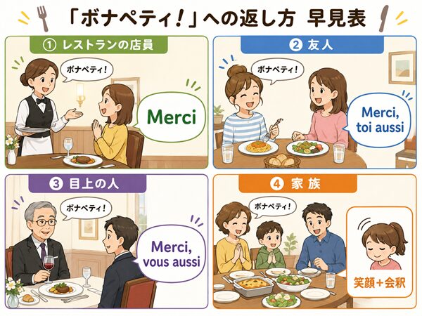 レストランの店員、友人、目上の人、家族の4つの場面ごとに、「ボナペティ！」への返し方として「Merci」「Merci, toi aussi」「Merci, vous aussi」「笑顔＋会釈」を示した早見表風イラスト