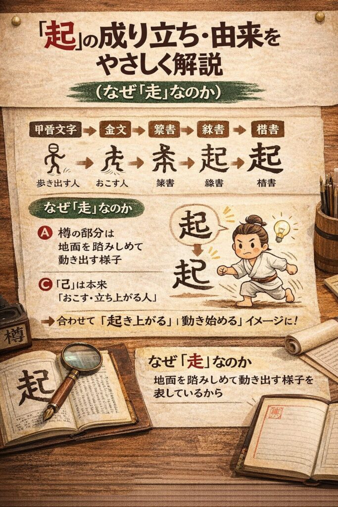 「起」の成り立ち・由来をやさしく解説（なぜ「走」なのか）