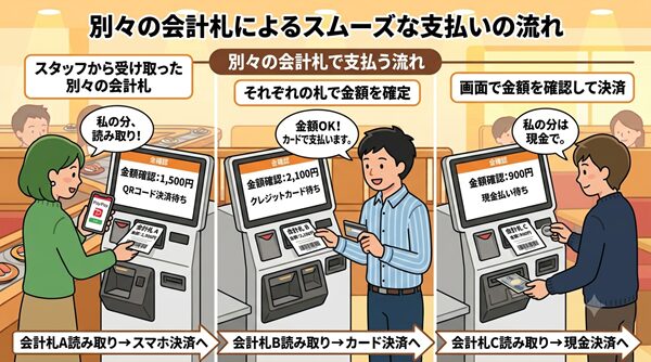 回転寿司のセルフレジで3人が別々の会計札で支払う手順を説明するイラスト。