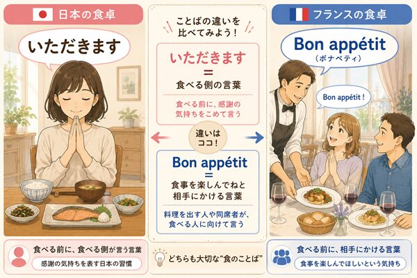 日本の食卓で「いただきます」と手を合わせる場面と、フランスの食卓で「Bon appétit」と相手に声をかける場面の違いを比較したイラスト
