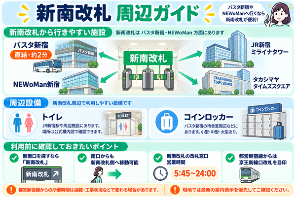 新南改札周辺の施設と設備、利用時間の確認ポイント