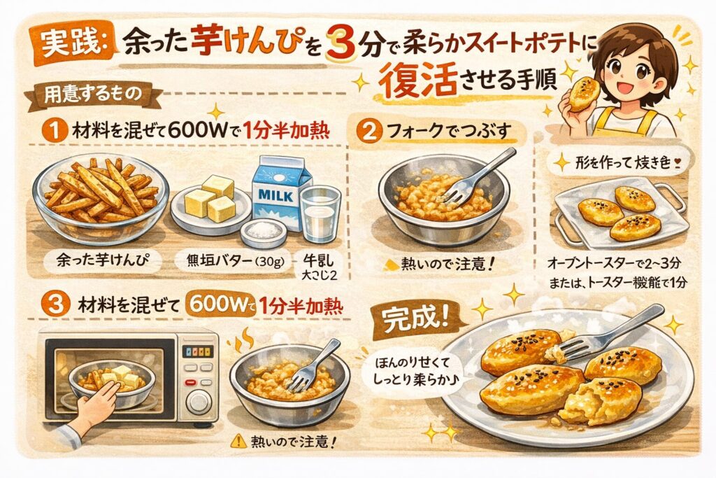 実践:余った芋けんぴを3分で柔らかスイートポテトに復活させる手順