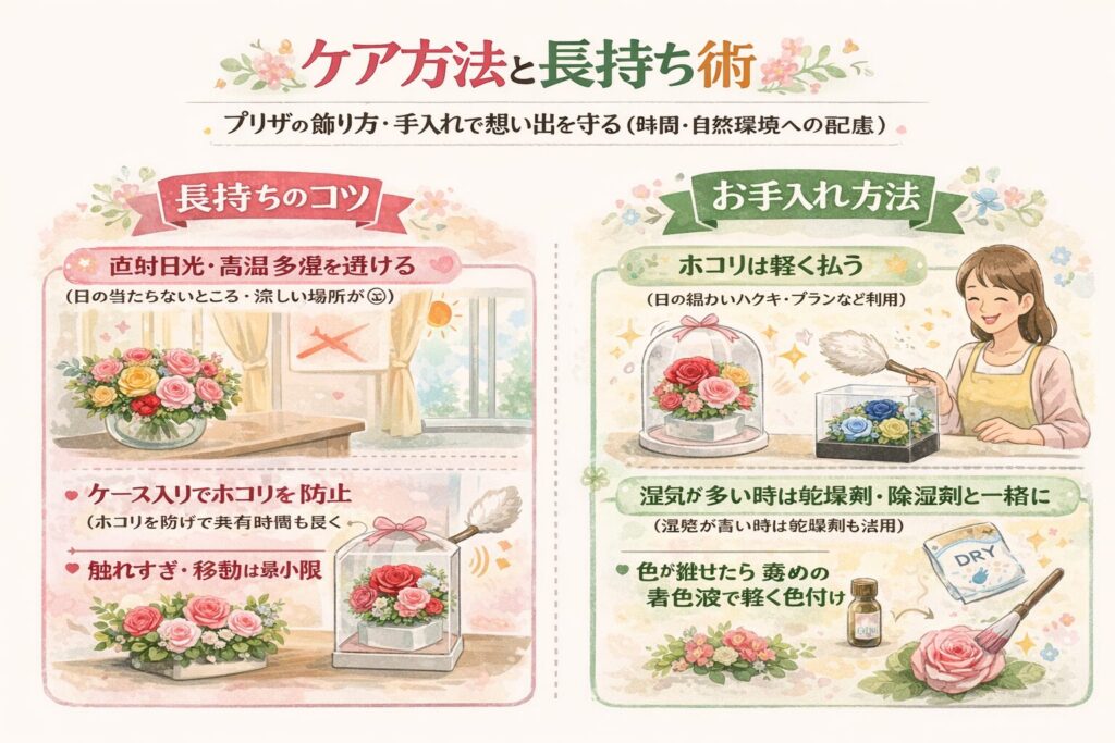ケア方法と長持ち術：プリザの飾り方・手入れで想い出を守る（時間・自然環境への配慮）