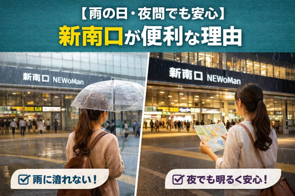 【雨の日・夜間でも安心】新南口が便利な理由