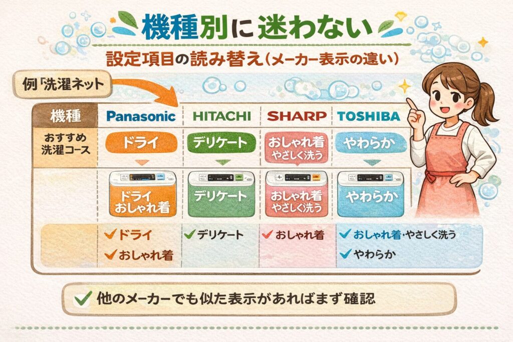機種別に迷わない:設定項目の読み替え(メーカー表示の違い)