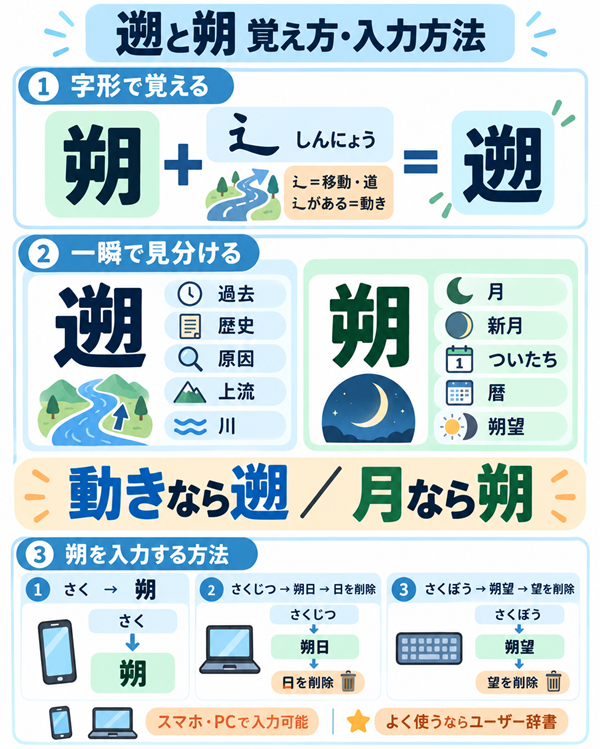 朔と遡の覚え方とスマホ・パソコンで朔を入力する方法