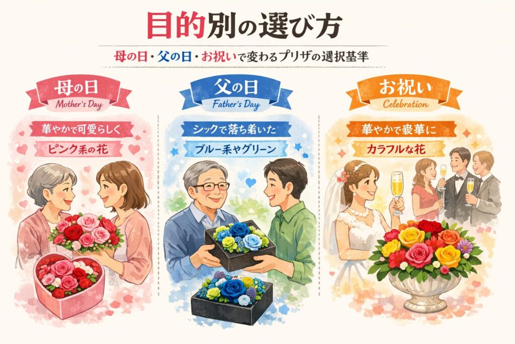 目的別の選び方：母の日・父の日・お祝いで変わるプリザの選択基準