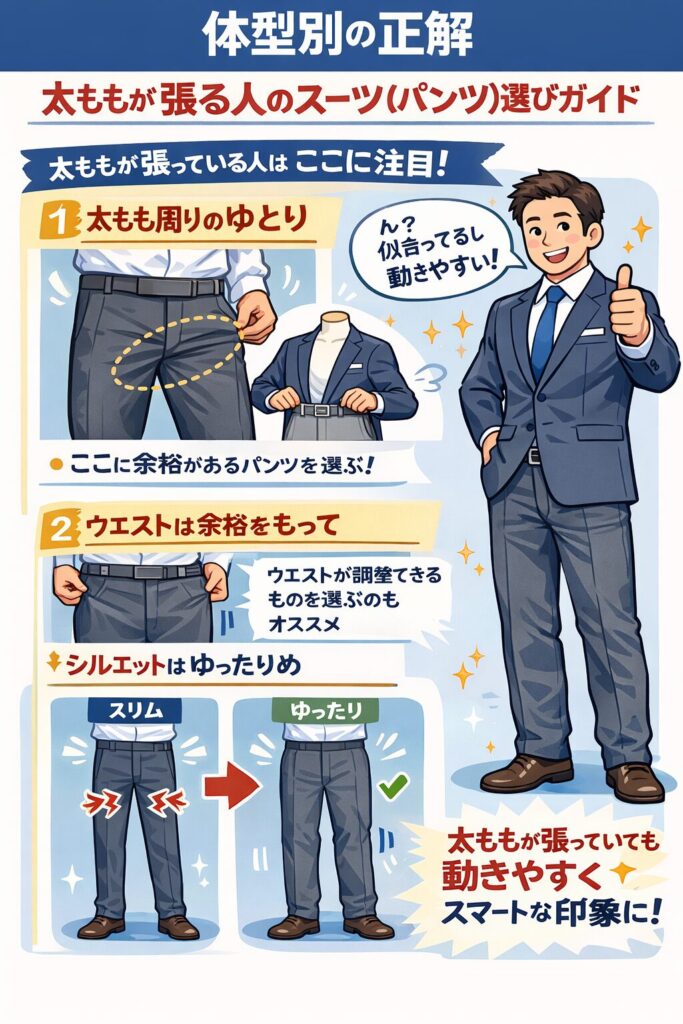 体型別の正解：太ももが張る人のスーツ（パンツ）選びガイド