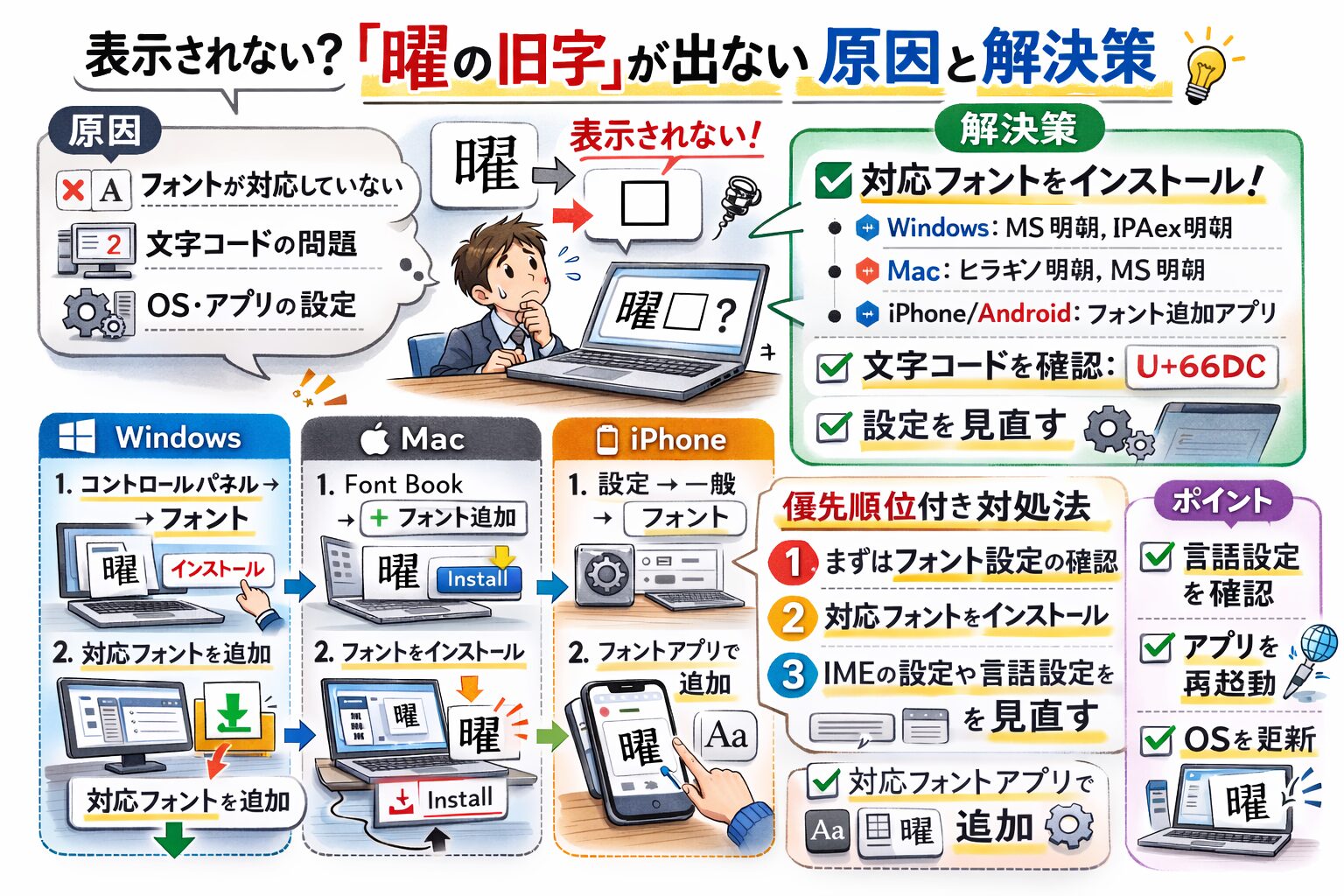 表示されない？曜の旧字が出ない原因と解決策
