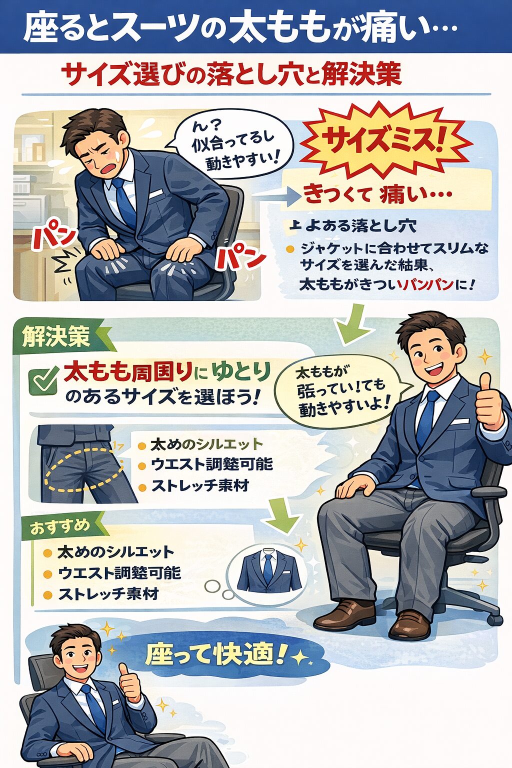 座るとスーツの太ももが痛い…サイズ選びの落とし穴と解決策