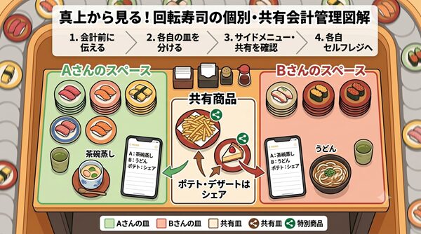 真上から見た回転寿司のテーブル。AさんとBさんの皿、共有商品やスマホメモの管理方法を図解。