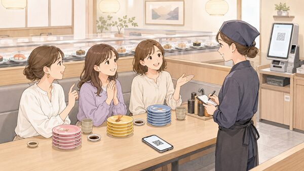 回転寿司店で友人同士がお皿を分け、店員に別会計をお願いしている様子