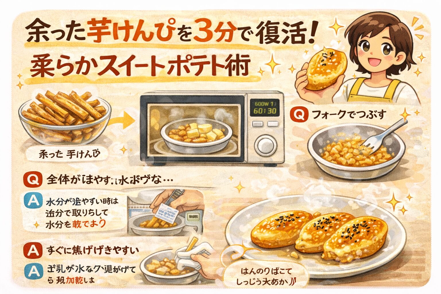 余った芋けんぴを3分で復活！柔らかスイートポテト術