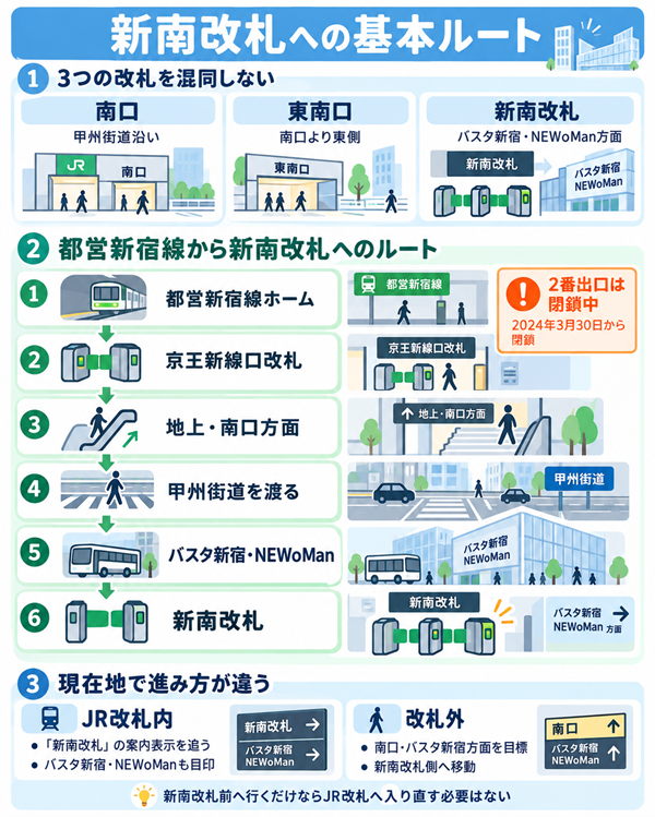 都営新宿線と改札内外から新南改札へ向かう流れ