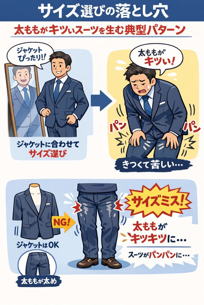 サイズ選びの落とし穴：太ももがキツいスーツを生む典型パターン