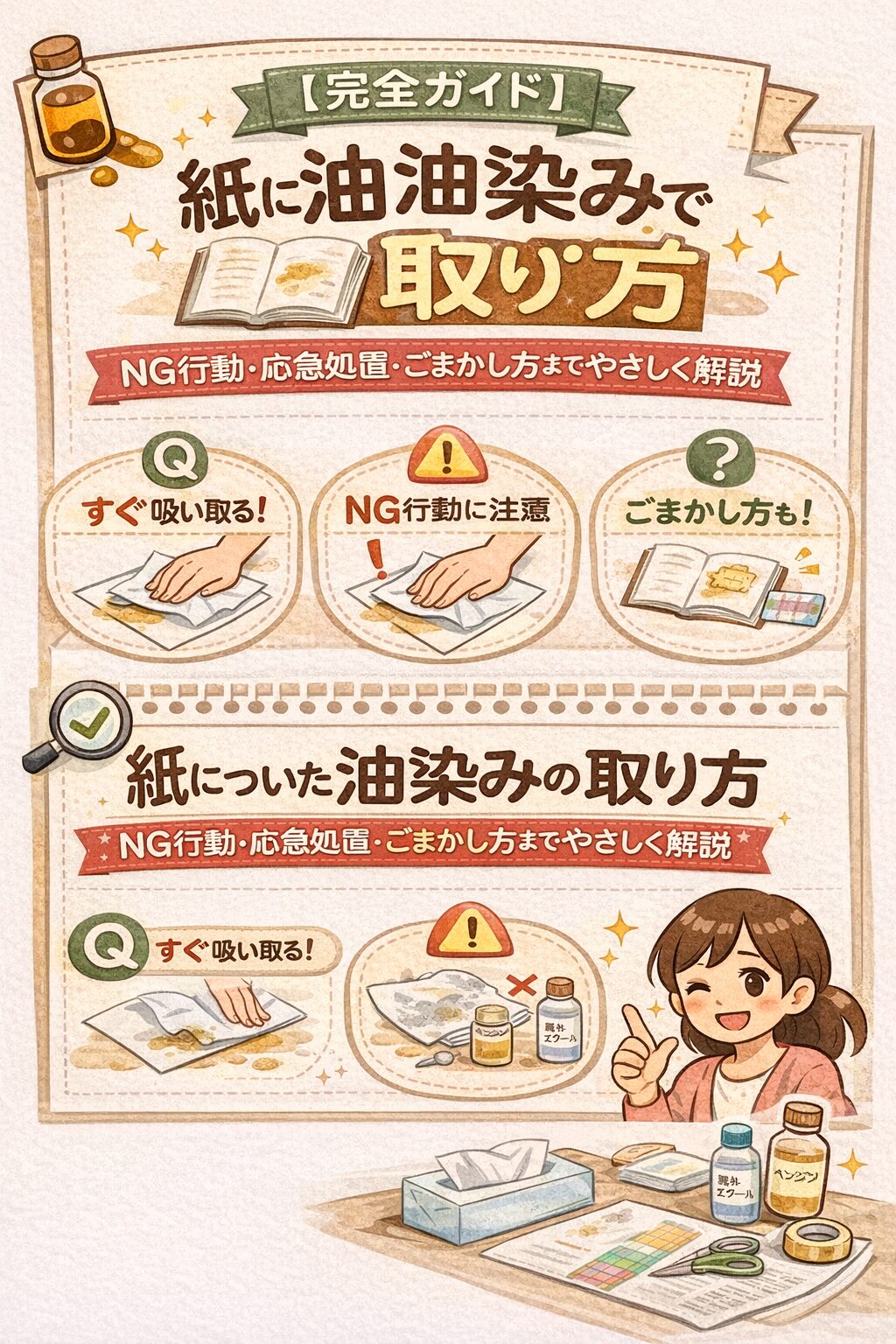 【完全ガイド】紙についた油シミの取り方｜NG行動・応急処置・ごまかし方までやさしく解説