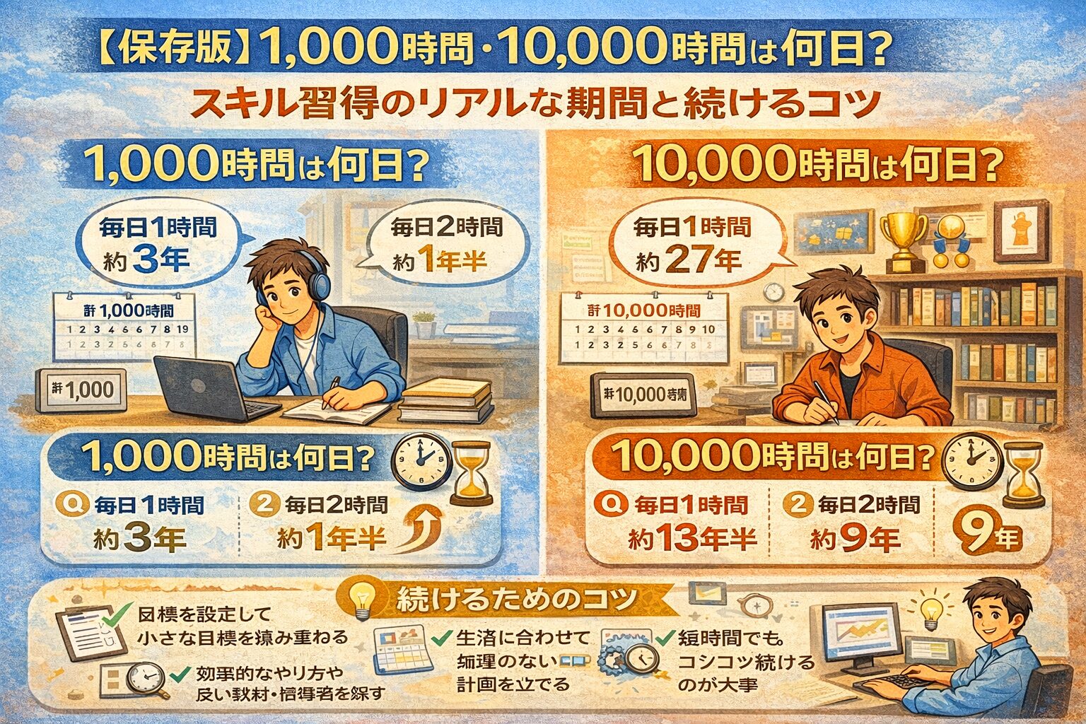【保存版】1,000時間・10,000時間は何日？スキル習得のリアルな期間と続けるコツ