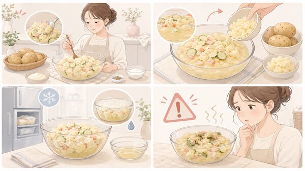 水っぽくなったポテトサラダの状態別の直し方と、食べない方がよい場合の注意点を表したやさしいイラスト