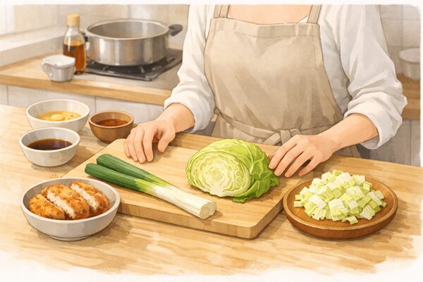 キッチンで作るカツ丼準備