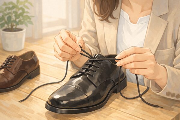 ビジネスシューズの靴ひもを通す手