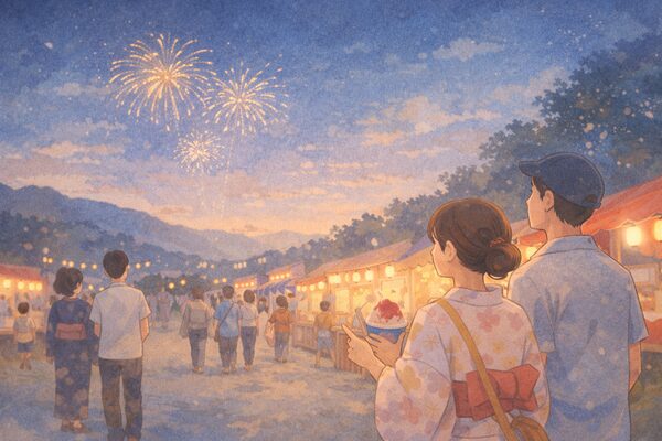 夏祭りの花火と浴衣の人々