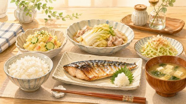 焼き魚にご飯、味噌汁、じゃがいもや白菜の副菜を合わせた満足感のある献立