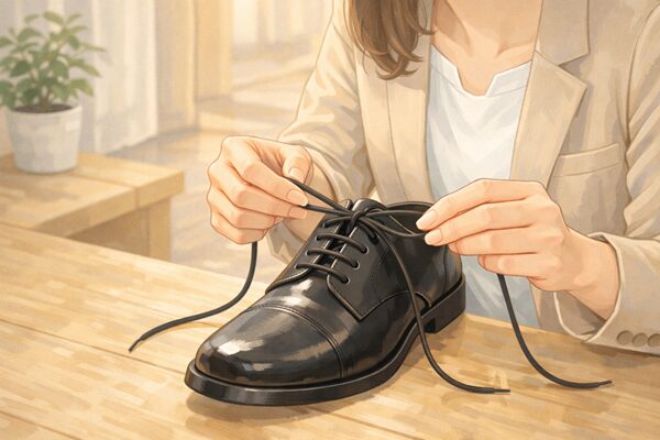 革靴のひもを結ぶ手