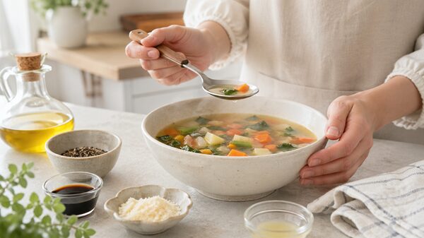 物足りないスープの味を調味料でやさしく整える様子