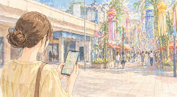 スマートフォンで地図を確認しながら七夕飾りのある通りへ向かう女性のイラスト
