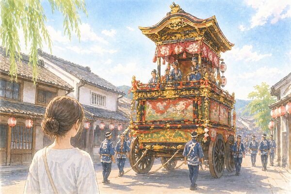 城下町の通りを進む村上大祭のおしゃぎりをやさしく描いたイラスト
