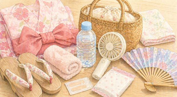 浴衣で夏祭りへ行く前にバッグや飲み物、扇子などを準備しているイラスト