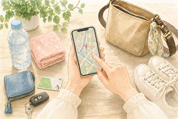 スマートフォンの地図を見ながら祭りへのアクセスや持ち物を確認している手元のイラスト