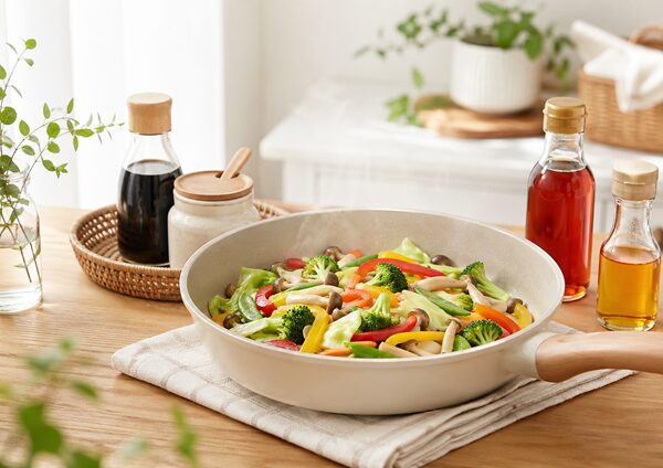 フライパンの野菜炒めと調味料が明るい食卓に並んでいる様子