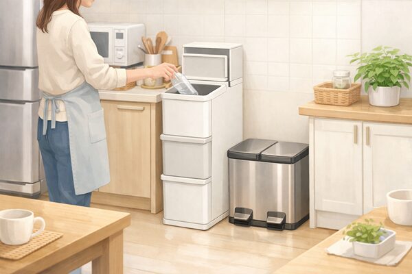 キッチンでのゴミ分別作業