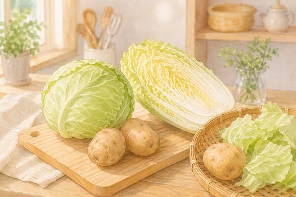 キャベツ、白菜、じゃがいもを並べて焼き魚に合う副菜を考えるイメージ