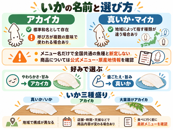 いかの名称の注意と好み別の選び方、三種盛りの比較