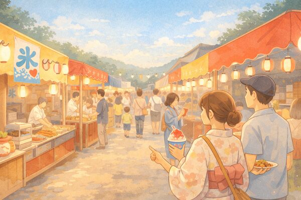 夏祭りの夕暮れの風景