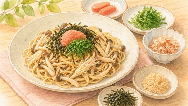 たらこ焼きそばときのこや大葉や刻みのりを並べた食卓