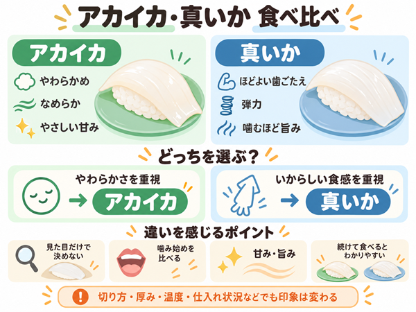 アカイカと真いかの食感・甘み・旨みを食べ比べ