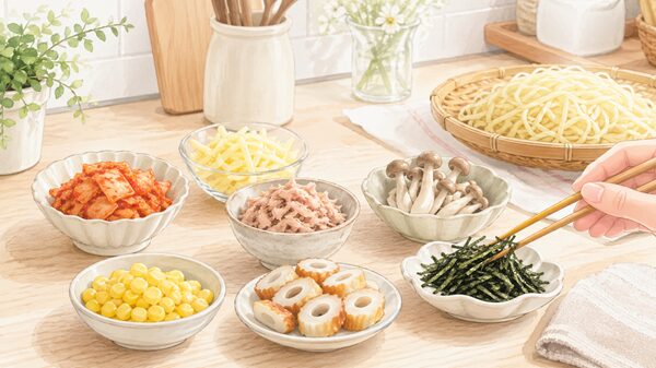 焼きそばに入れるキムチやチーズやツナなどの具材を選ぶ様子