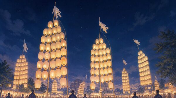 夜空に提灯の竿燈が灯る秋田竿燈まつりのやさしいイラスト
