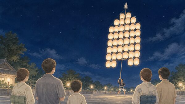 竿燈の提灯を見上げる観覧者と秋田竿燈まつりの見どころを表したイラスト