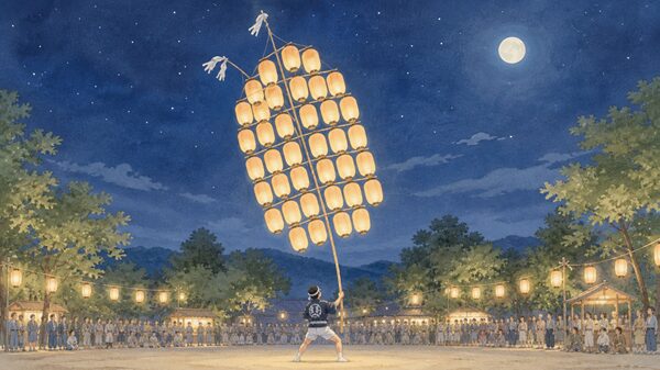 提灯のついた竿燈を差し手が支える秋田竿燈まつりのイラスト