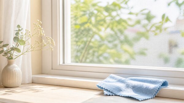 明るい窓まわりの網戸と掃除用クロスを描いたやさしい写真風画像