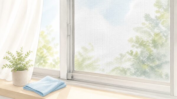 網戸を掃除用クロスでやさしく拭いている手元の写真風画像