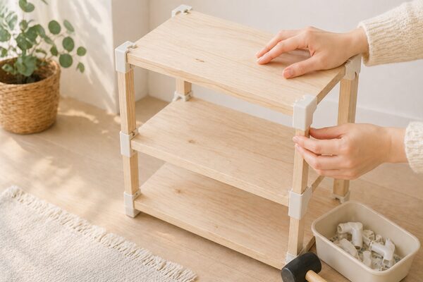 木製の小さな棚を組み立てている手元のやさしいイメージ