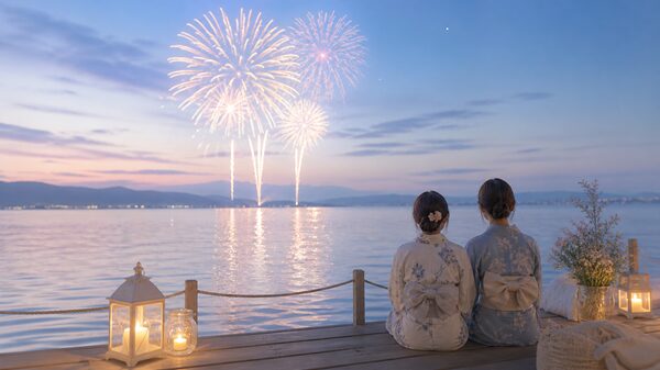 湖畔で花火を眺めるびわ湖大花火大会のイメージ画像