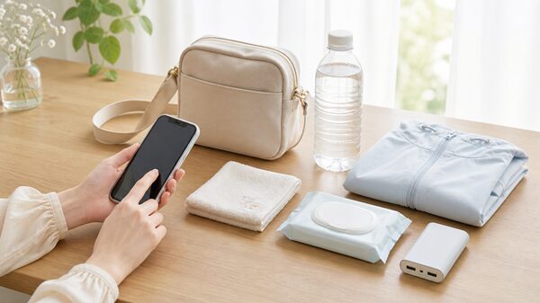 花火大会へ行く前に持ち物とスマホを確認している手元の画像