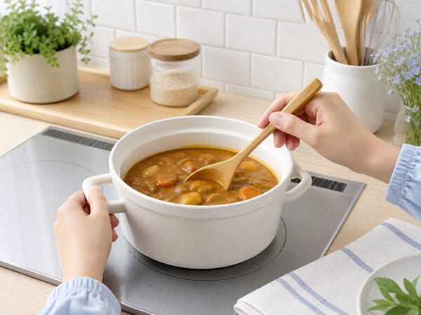 保存したカレーを食べる前に全体を混ぜながら温め直す様子